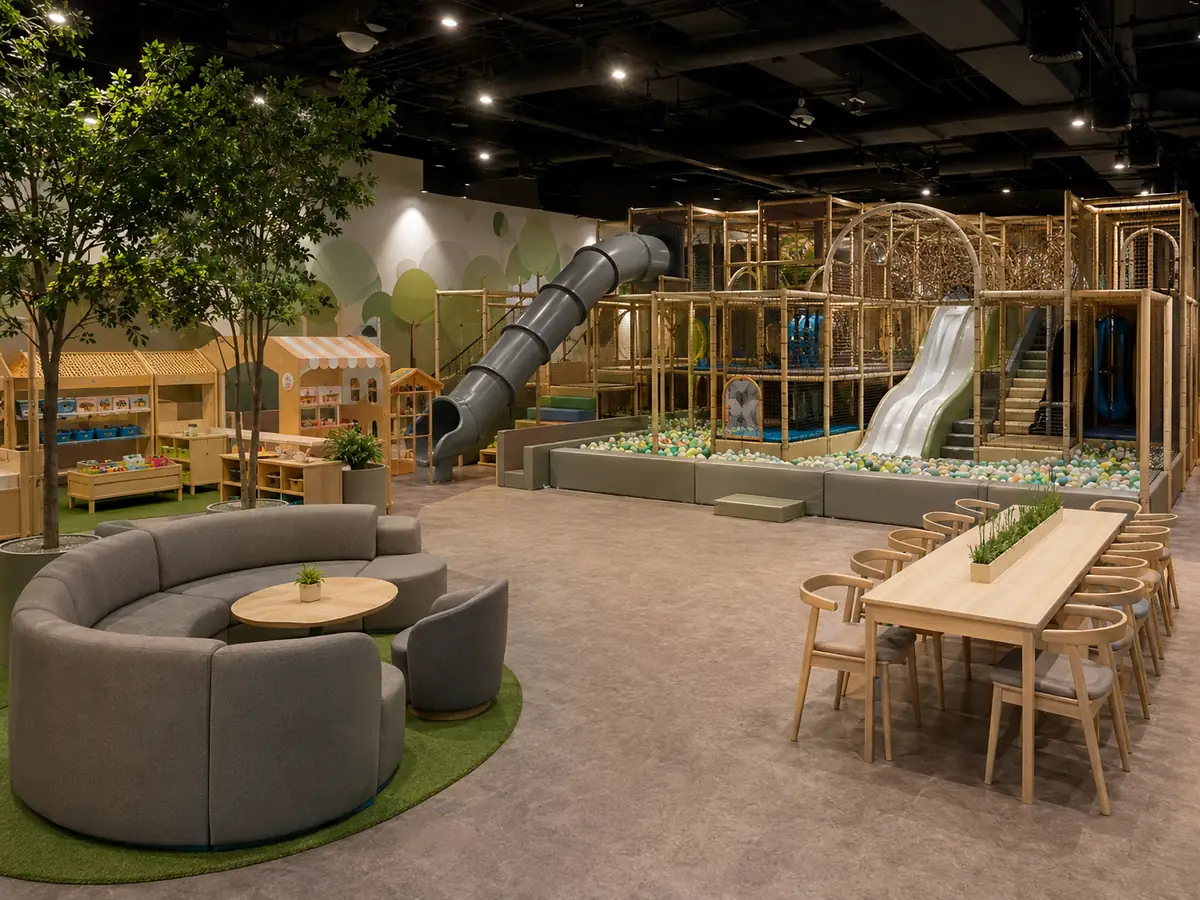 Standard commercial indoor playground layout with themed contained play, ball area, seating and party support