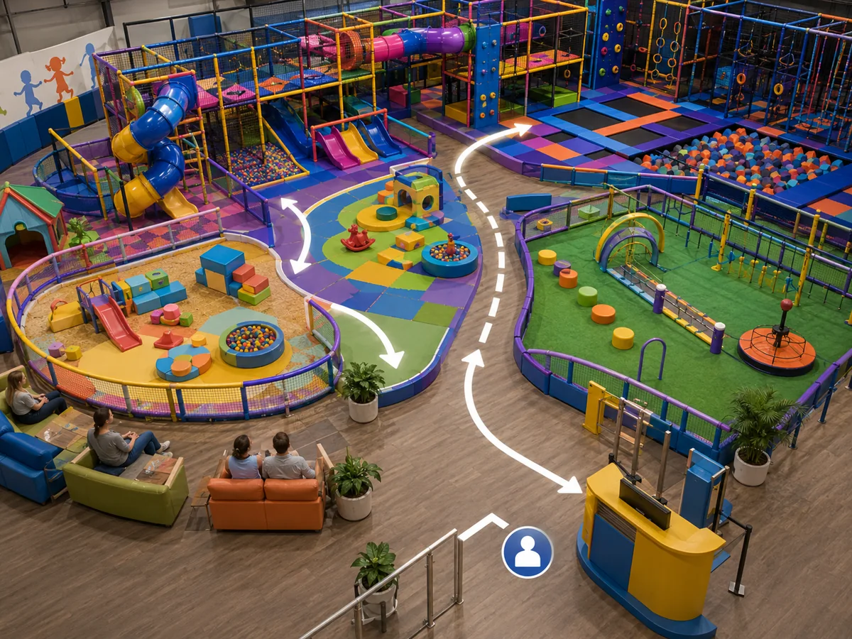 Commercial playground age-zone and capacity planning for toddlers, preschool users, school-age users and mixed attractions