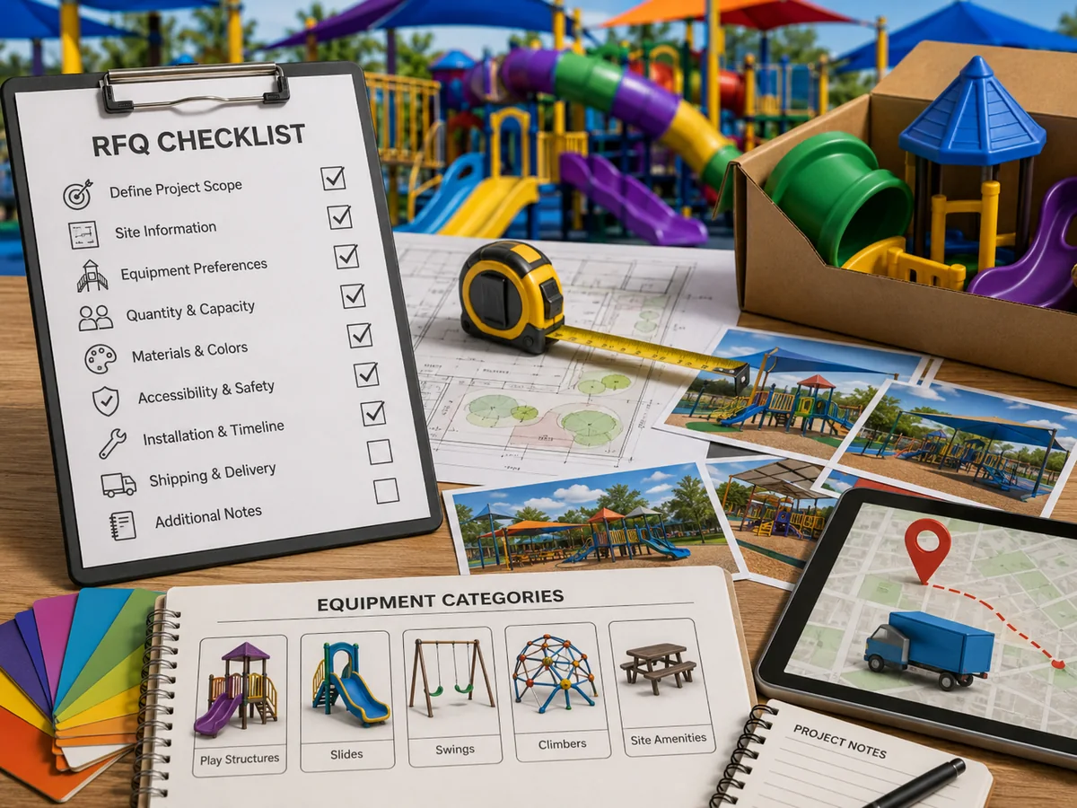 Commercial playground RFQ checklist with venue, drawings, age groups, equipment zones, standards, delivery and installation inputs