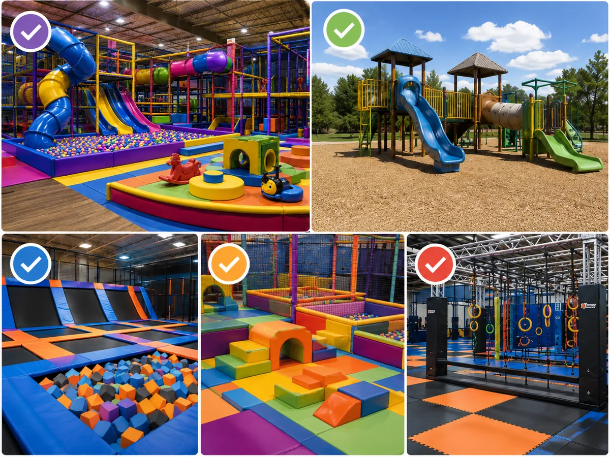 Commercial playground equipment scope map for indoor soft play, outdoor public-use equipment, trampoline courts and ninja attractions