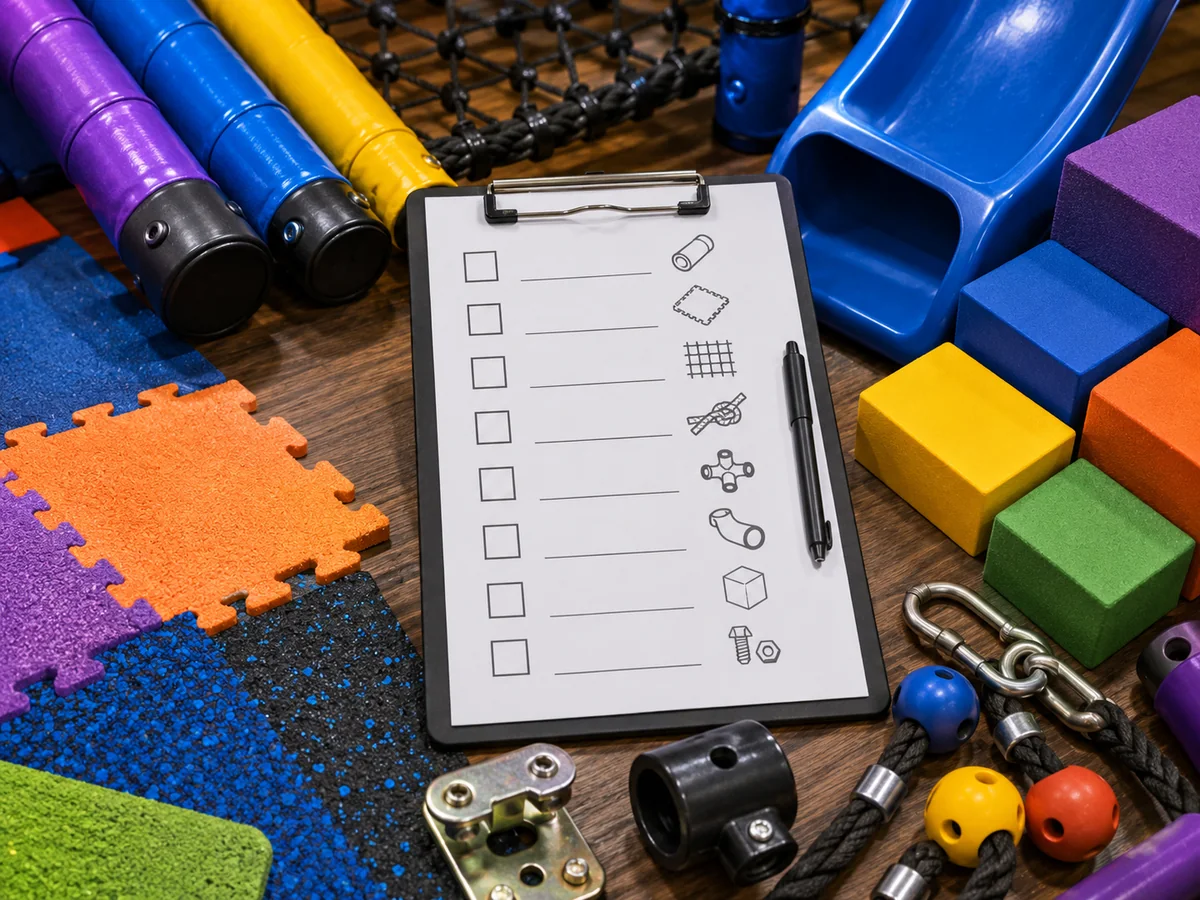 Commercial playground material specification checklist for structure, padding, covers, nets, ropes, hardware, surfacing and documents