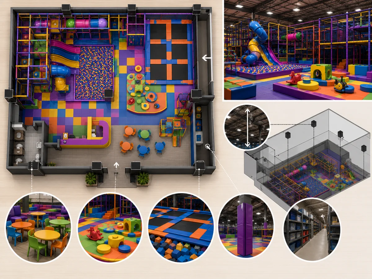 Commercial playground site review showing usable equipment area, clear height, restricted zones, circulation and delivery access