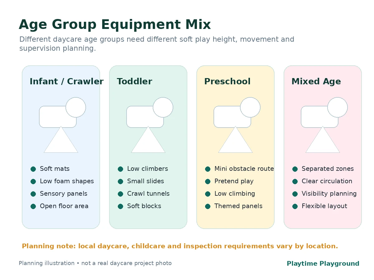 Daycare soft play equipment planning for infant crawler, toddler, preschool and mixed-age rooms