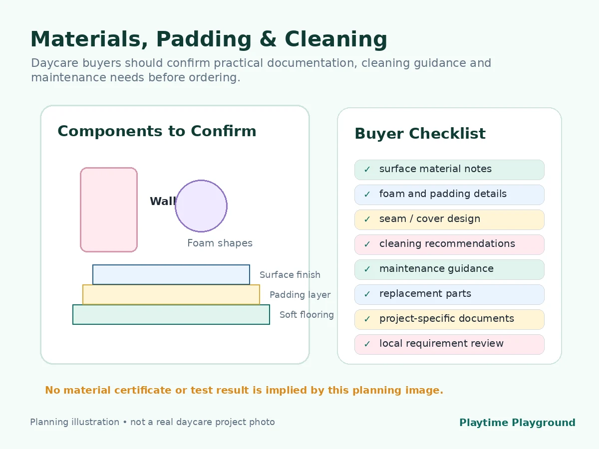 Daycare soft play materials and cleaning review for flooring, wall pads, seams, removable covers and maintenance access