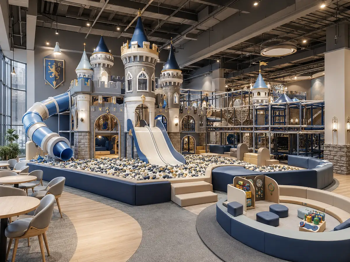 Fantasy castle themed commercial indoor playground with slides, ball pit and multi-level soft play structures