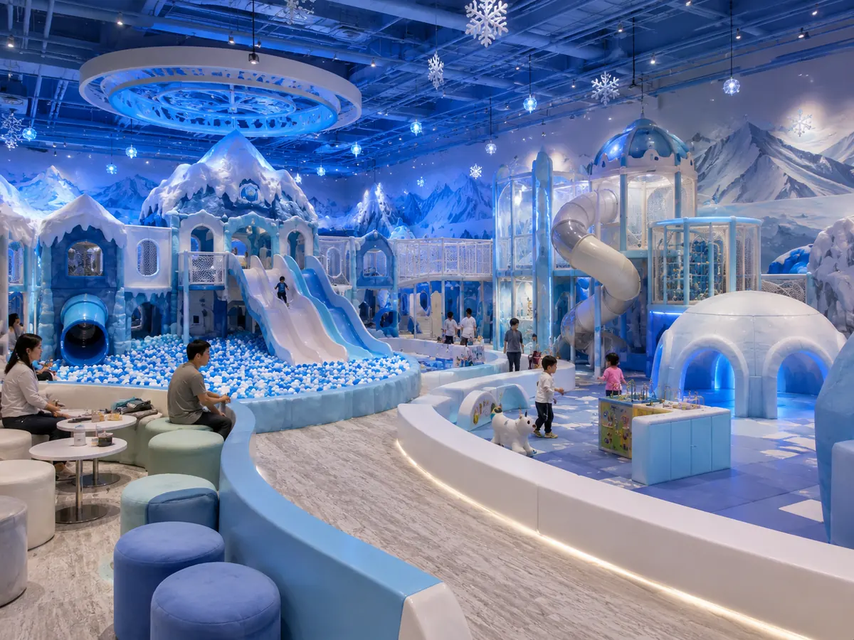 Ice and snow fantasy themed commercial indoor playground with castle-style structures and slides