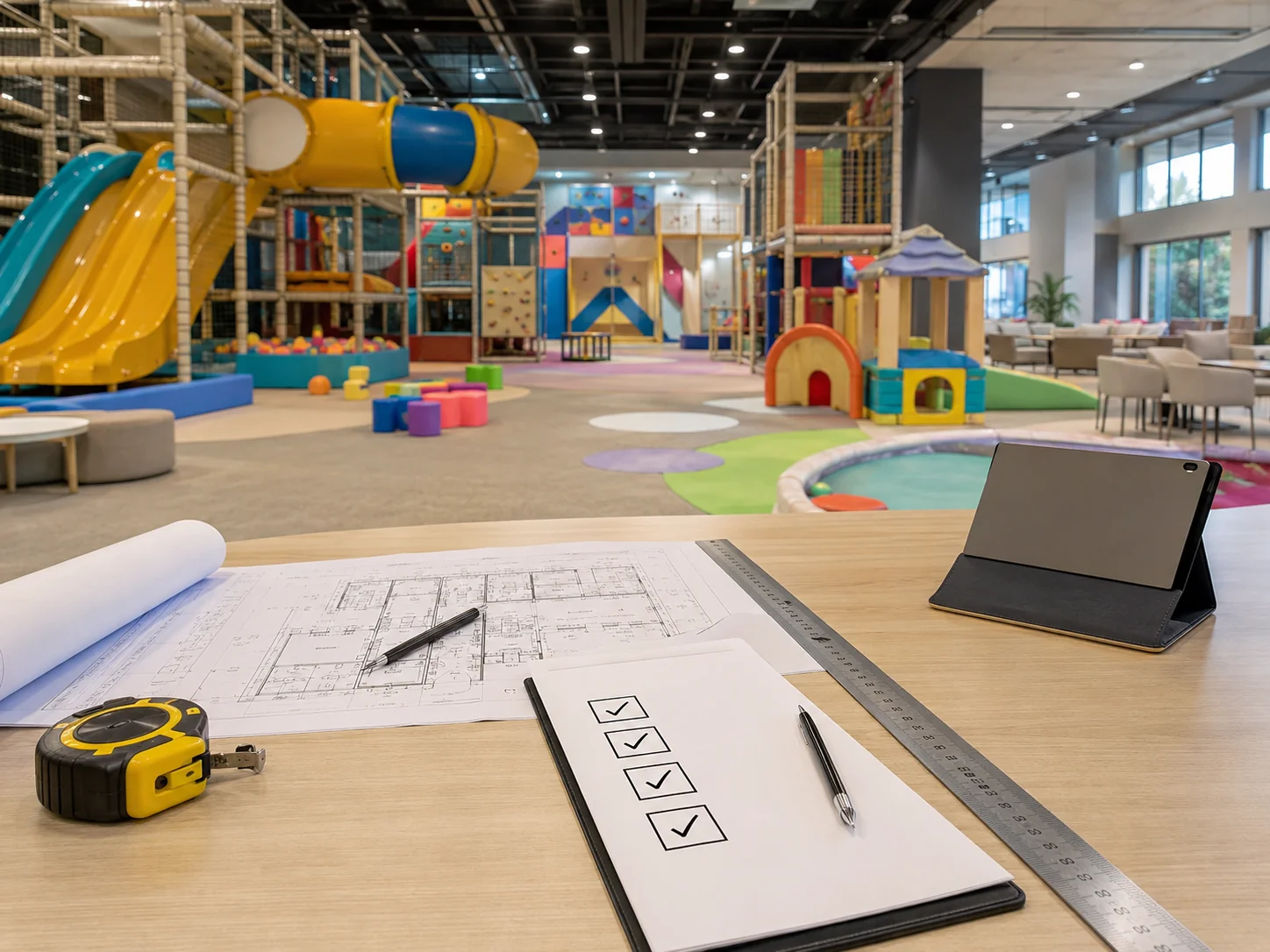 Indoor playground equipment RFQ package with dimensioned floor plan, clear height, age zones, quote scope and installation inputs