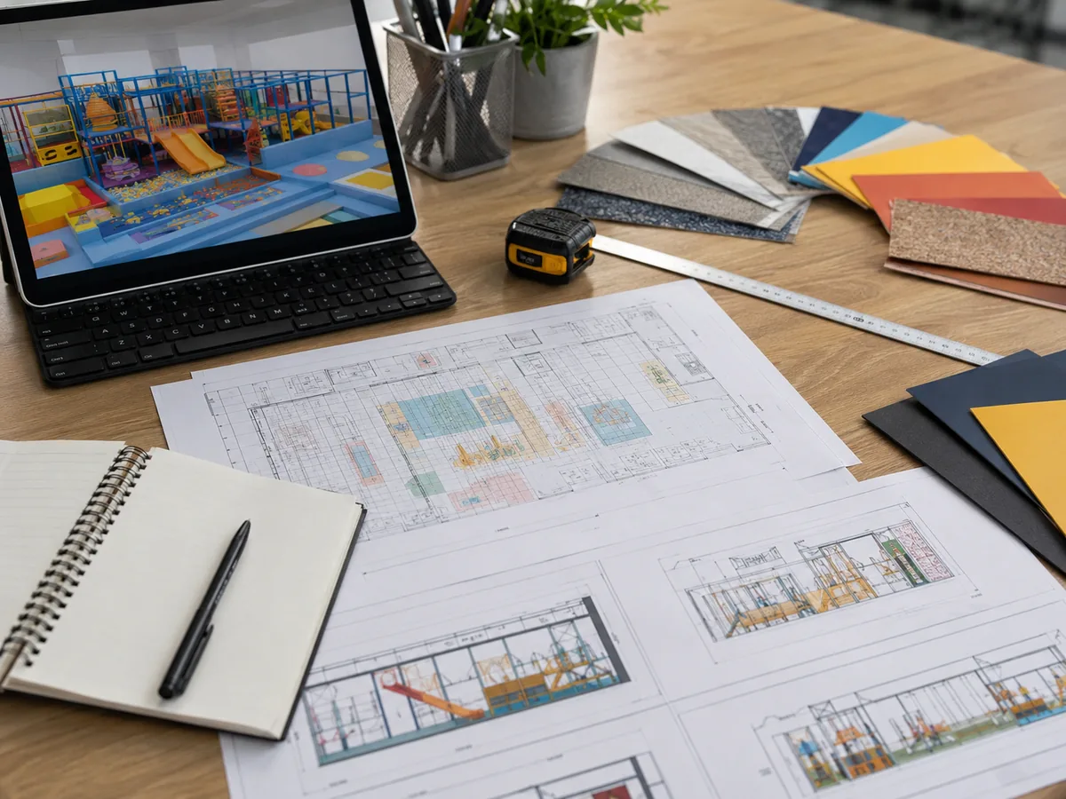 Indoor playground floor plan review with dimensioned drawings, site photos, measuring tools and project notes