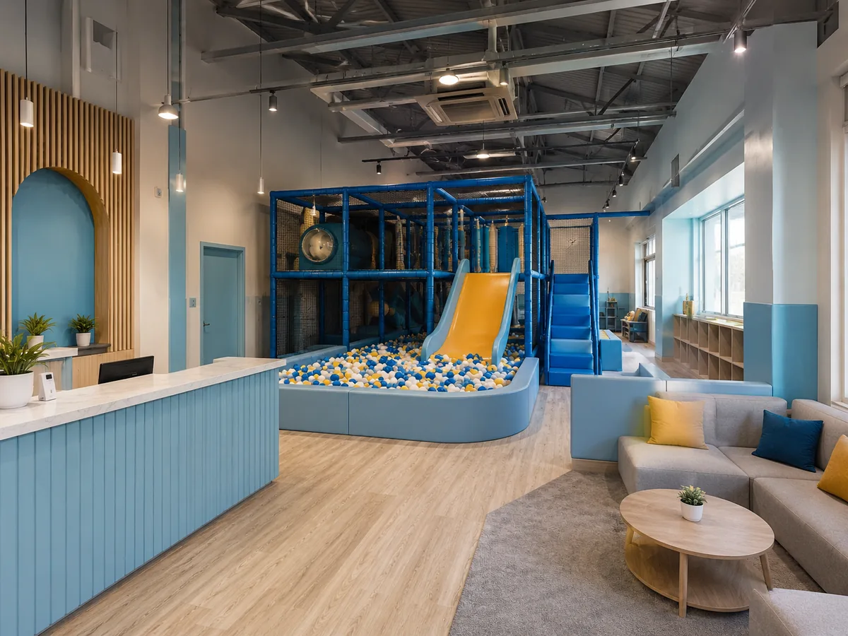 Small commercial indoor playground layout with reception, compact contained play, slide, ball area and parent seating
