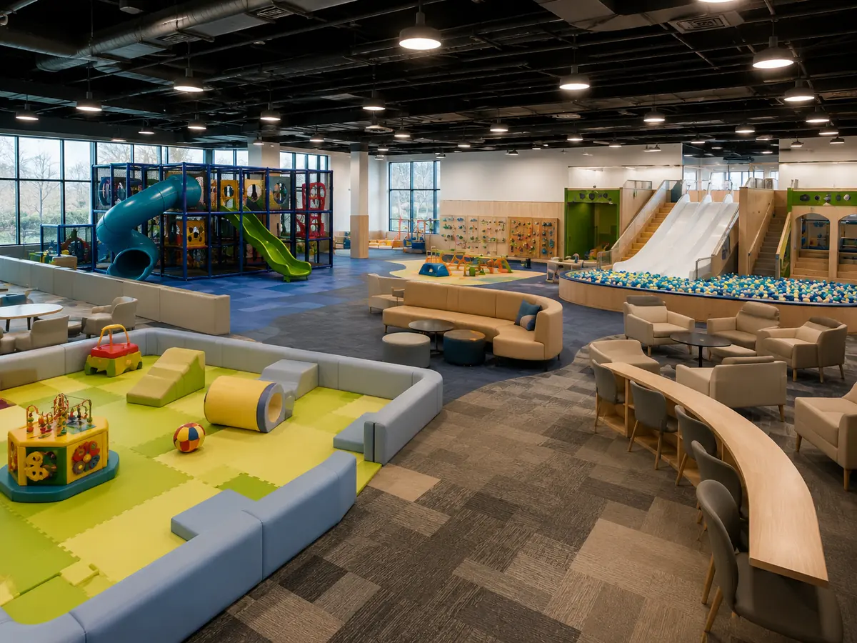 Two hundred to three hundred square meter indoor playground with toddler zone, main play structure, slides and seating