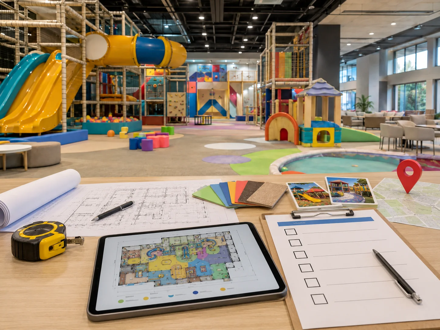 Indoor playground RFQ floor plan showing usable equipment area, low beams, columns, exits, parent seating and installation access