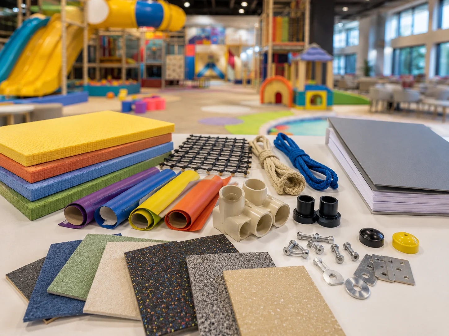 Indoor playground RFQ material register covering frame, padding, covers, nets, ropes, fasteners, flooring and maintenance documents