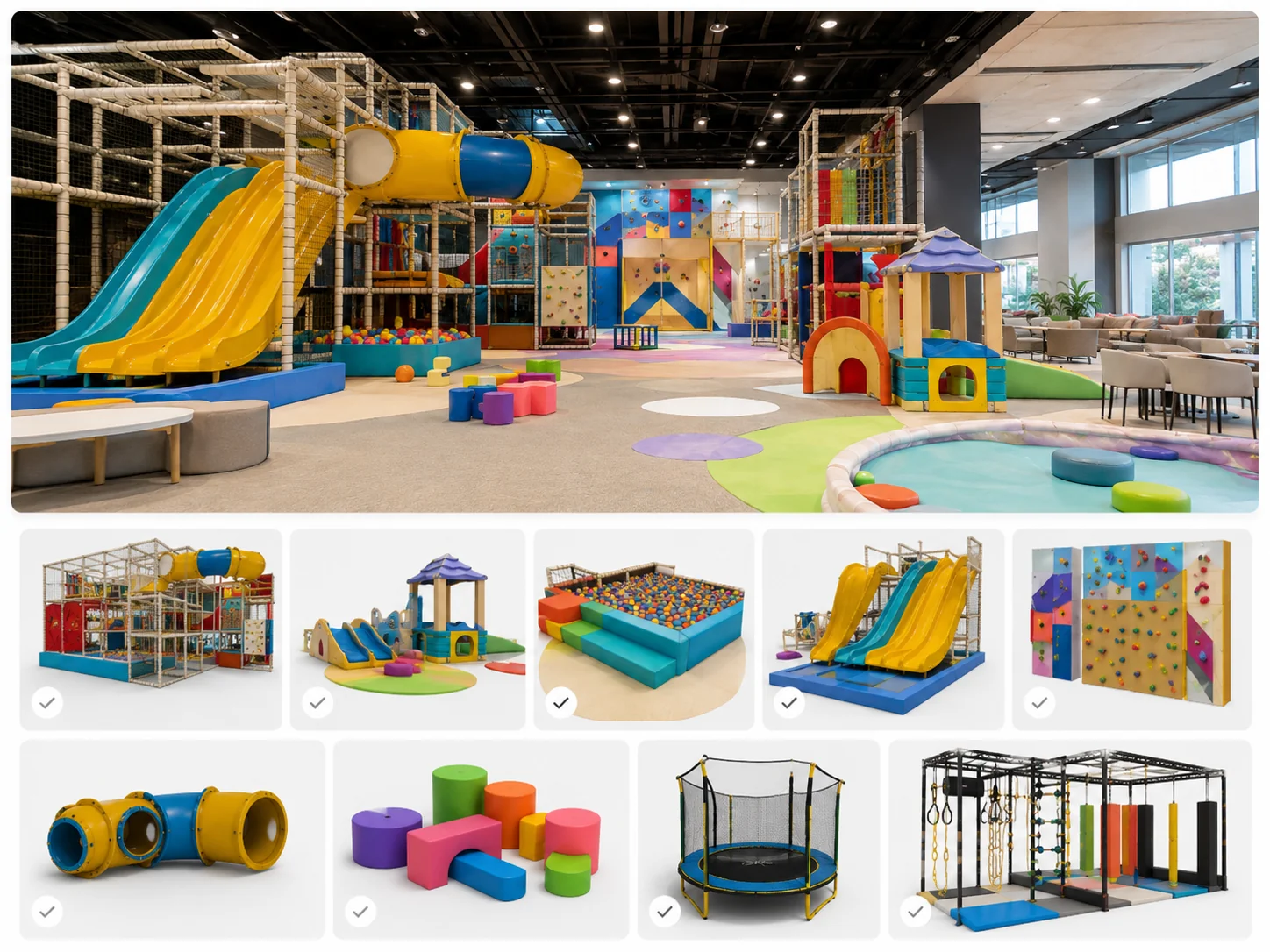 Indoor playground RFQ zone schedule marking soft play, toddler area, slides, trampoline and ninja elements as required, optional or excluded