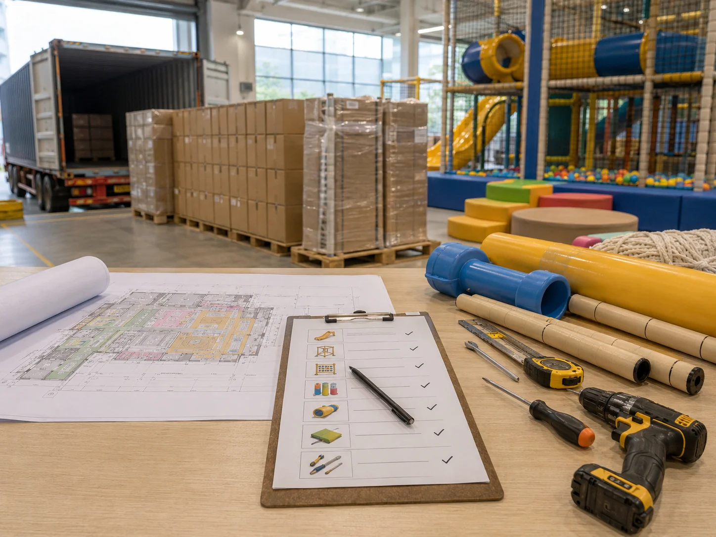 Indoor playground RFQ logistics and installation planning with Incoterm, package size, loading route, local labor and site readiness