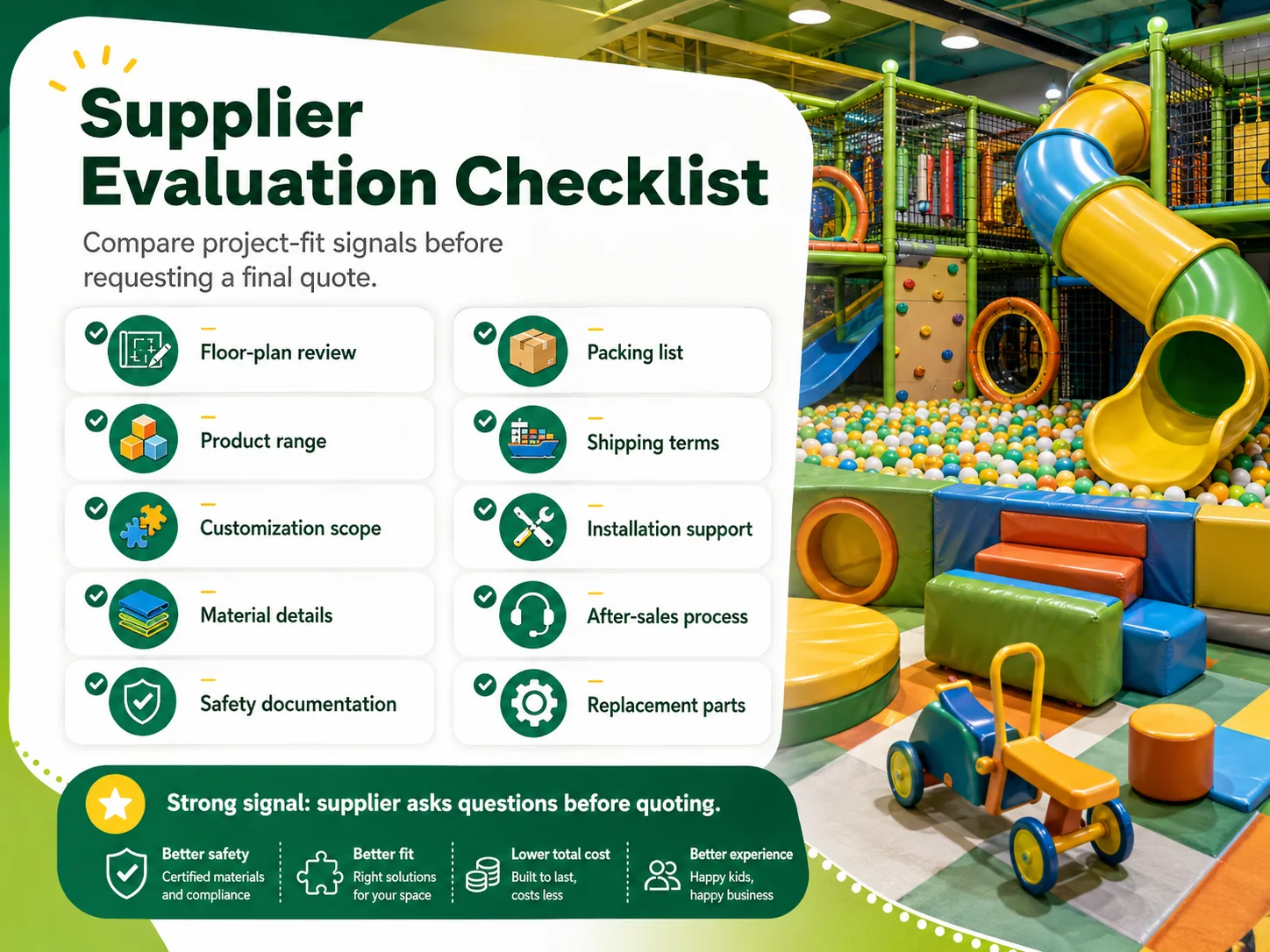 Indoor playground supplier evaluation checklist with floor plan review product range customization materials safety documentation packing shipping installation and after-sales support
