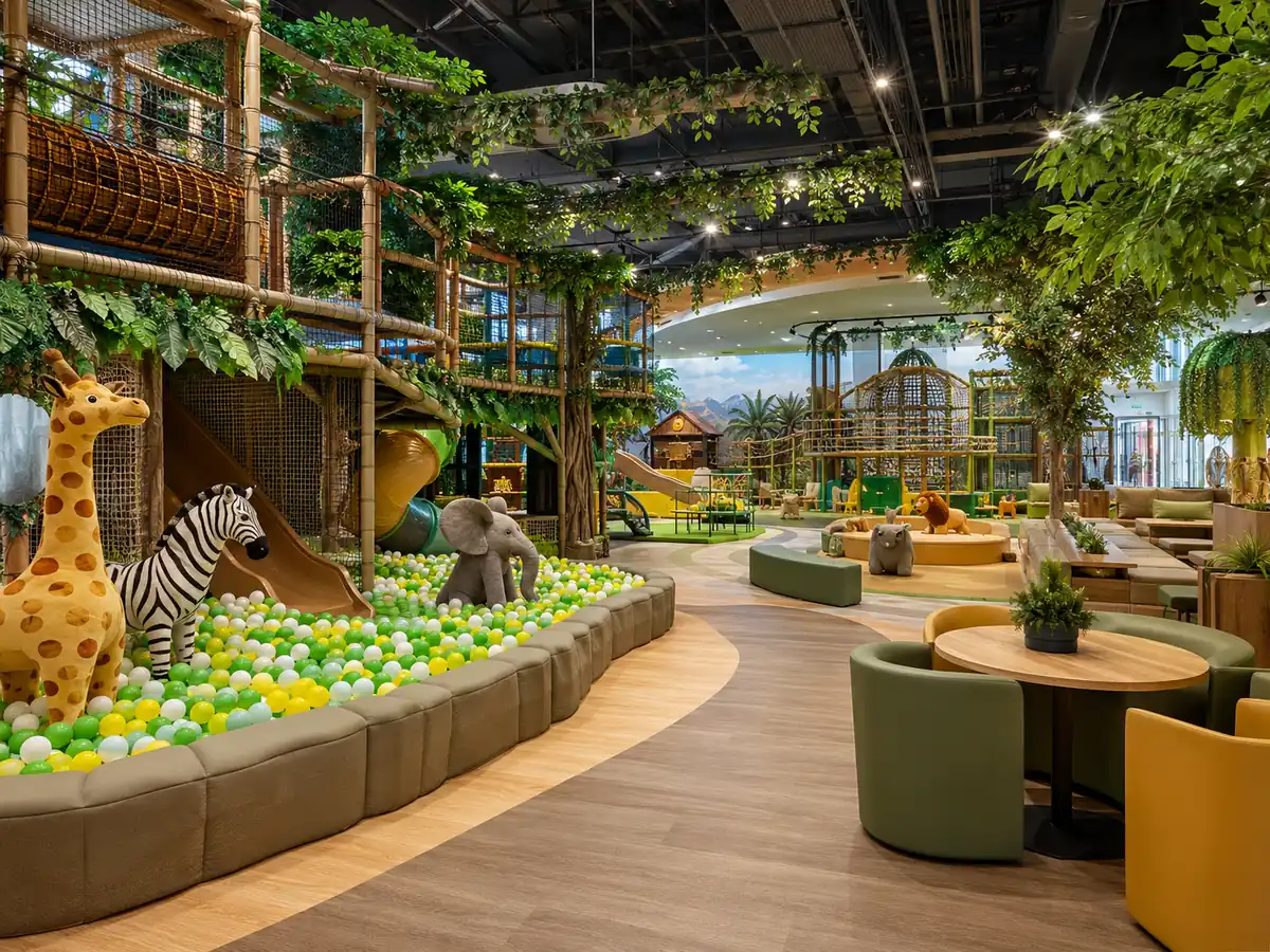 Jungle safari themed commercial indoor playground with treehouse structure, climbing features and slides
