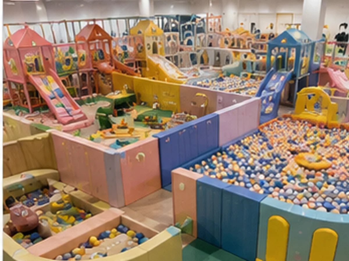 Mall playground layout with separated toddler, preschool and older-child zones and controlled interfaces