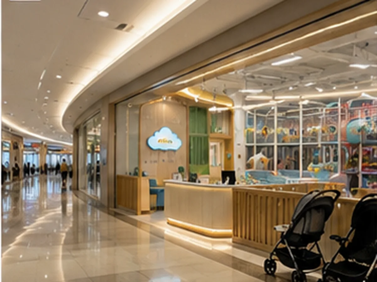 Mall playground storefront with corridor sightline, check-in queue, stroller parking and controlled play entrance