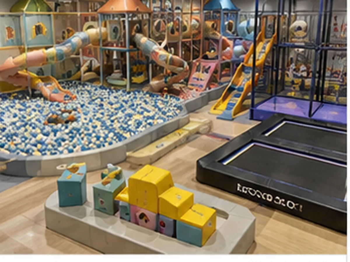 Mall playground equipment mix showing contained soft play, toddler area, slides, climbing and optional active zones
