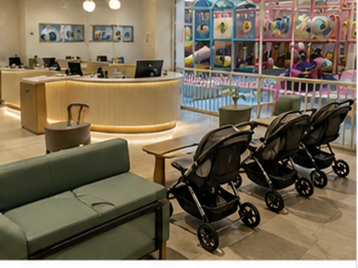 Mall playground layout showing reception, parent seating, stroller parking, shoe storage and staff sightlines