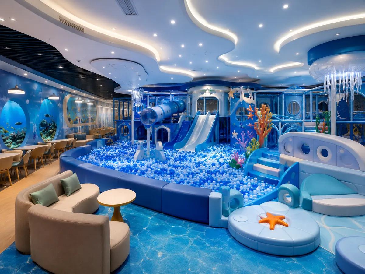 Ocean underwater themed commercial indoor playground with wave slide, sea-inspired play structures and ball pit
