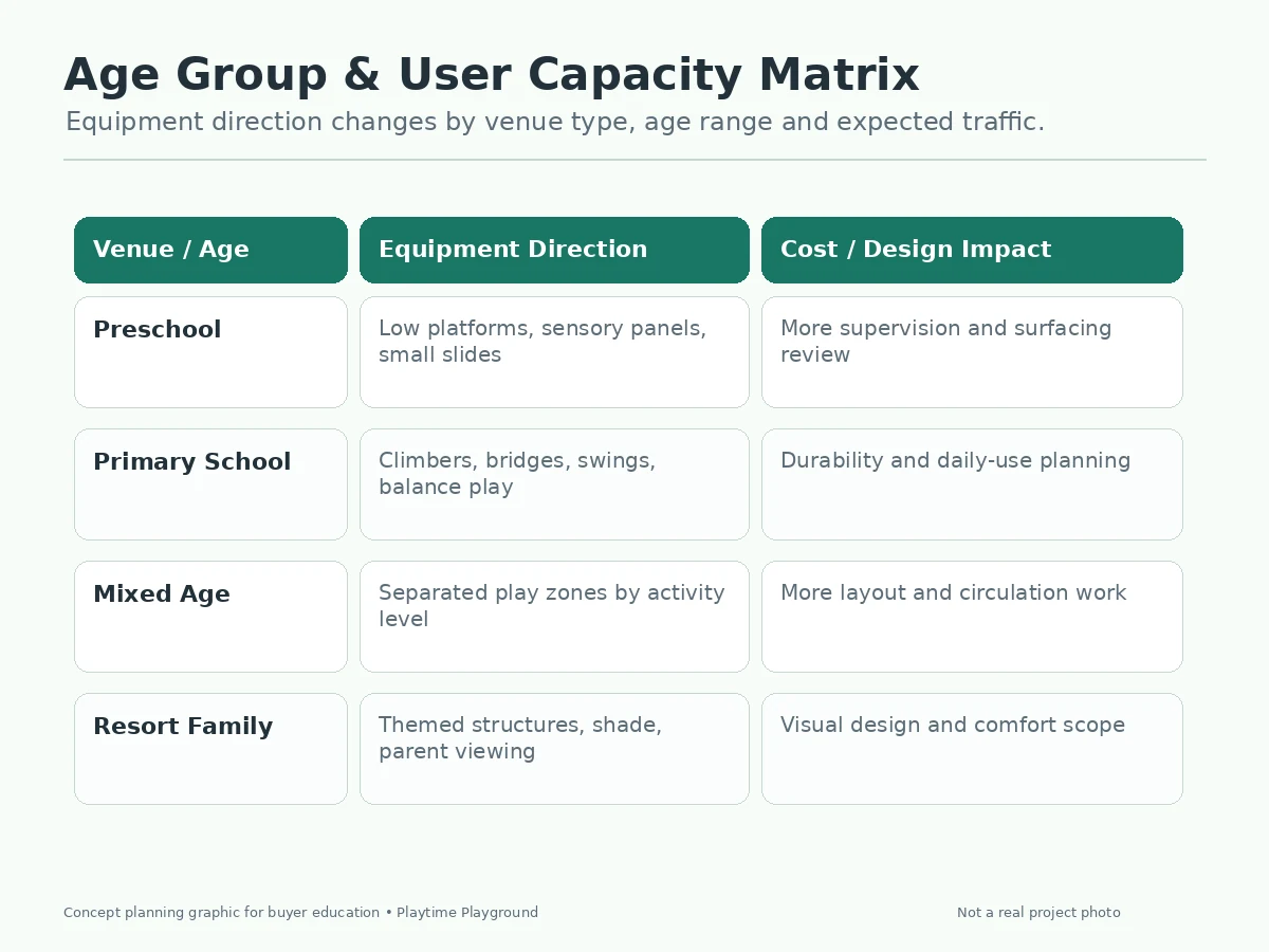 Outdoor playground age zoning matrix for early childhood, school age and resort family users