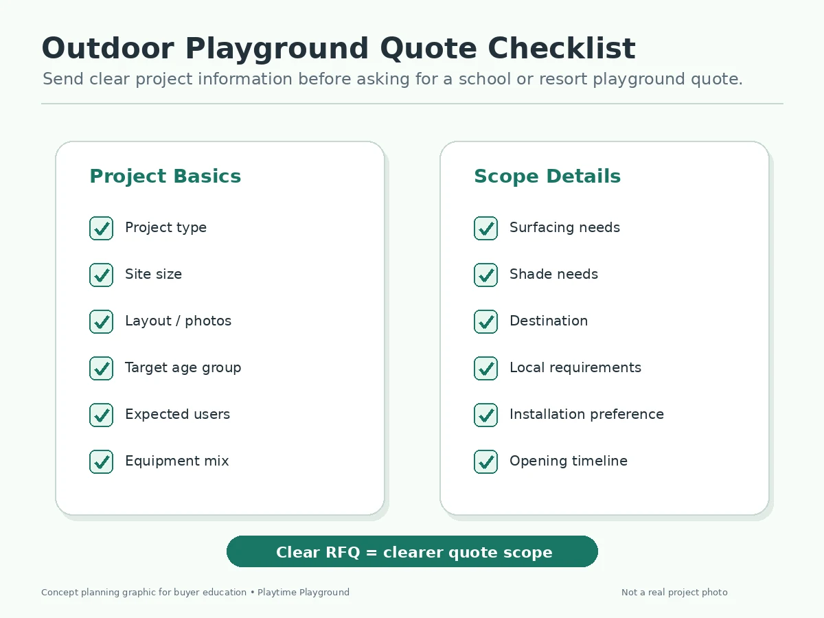 Outdoor playground RFQ checklist for school and resort site, users, surfacing, shade, logistics and installation