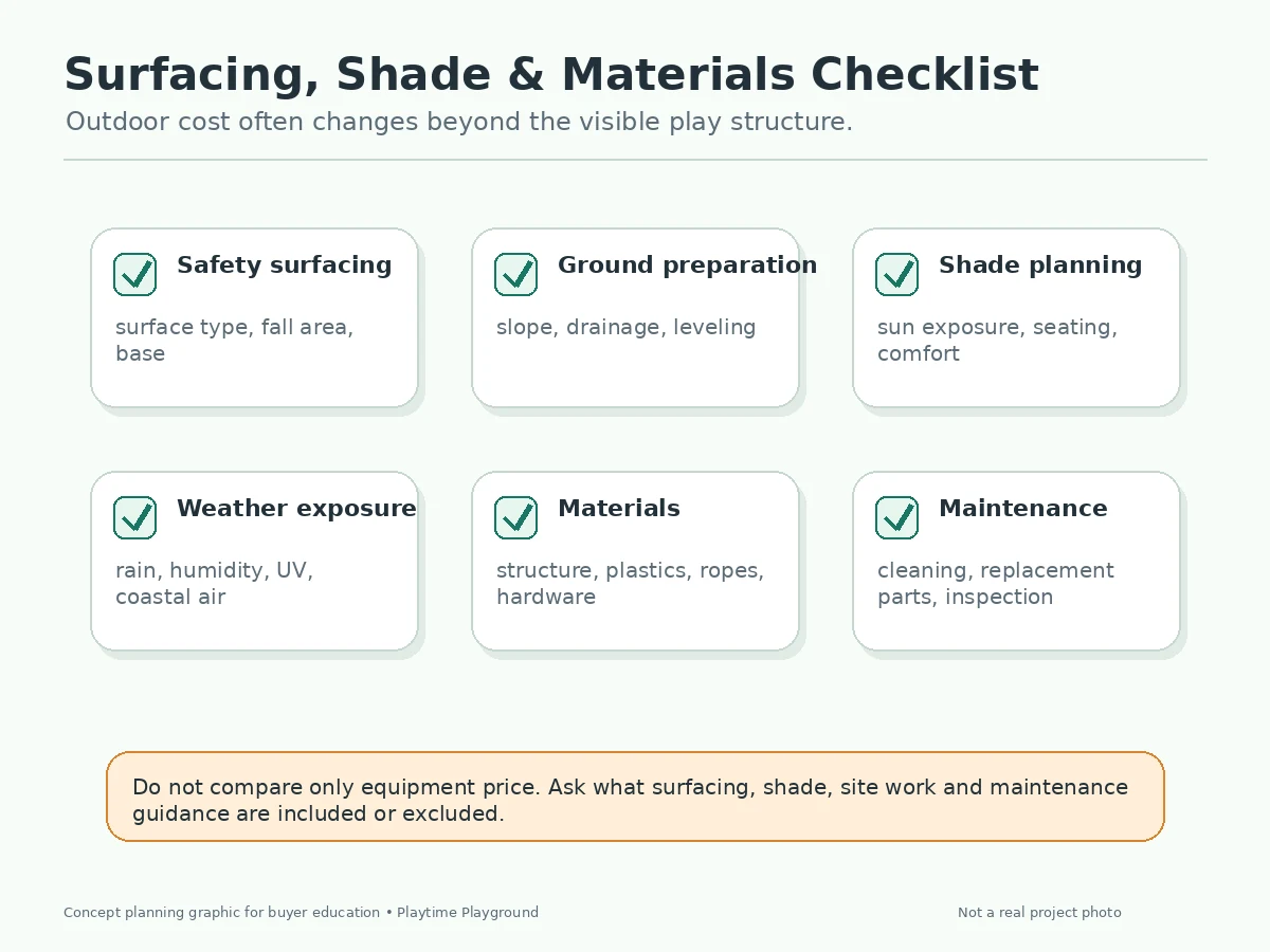 Outdoor playground surfacing and site checklist covering critical fall height, drainage, shade and maintenance