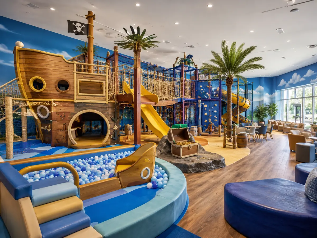 Pirate adventure themed commercial indoor playground with ship structure, climbing elements and slides