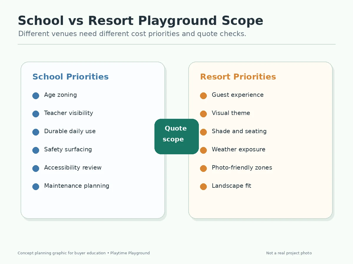 School and resort outdoor playground quote priorities compared by supervision, surfacing, shade and maintenance