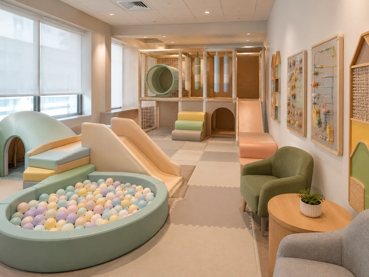 Compact indoor soft play layout with toddler slide, ball area, wall activities and nearby seating