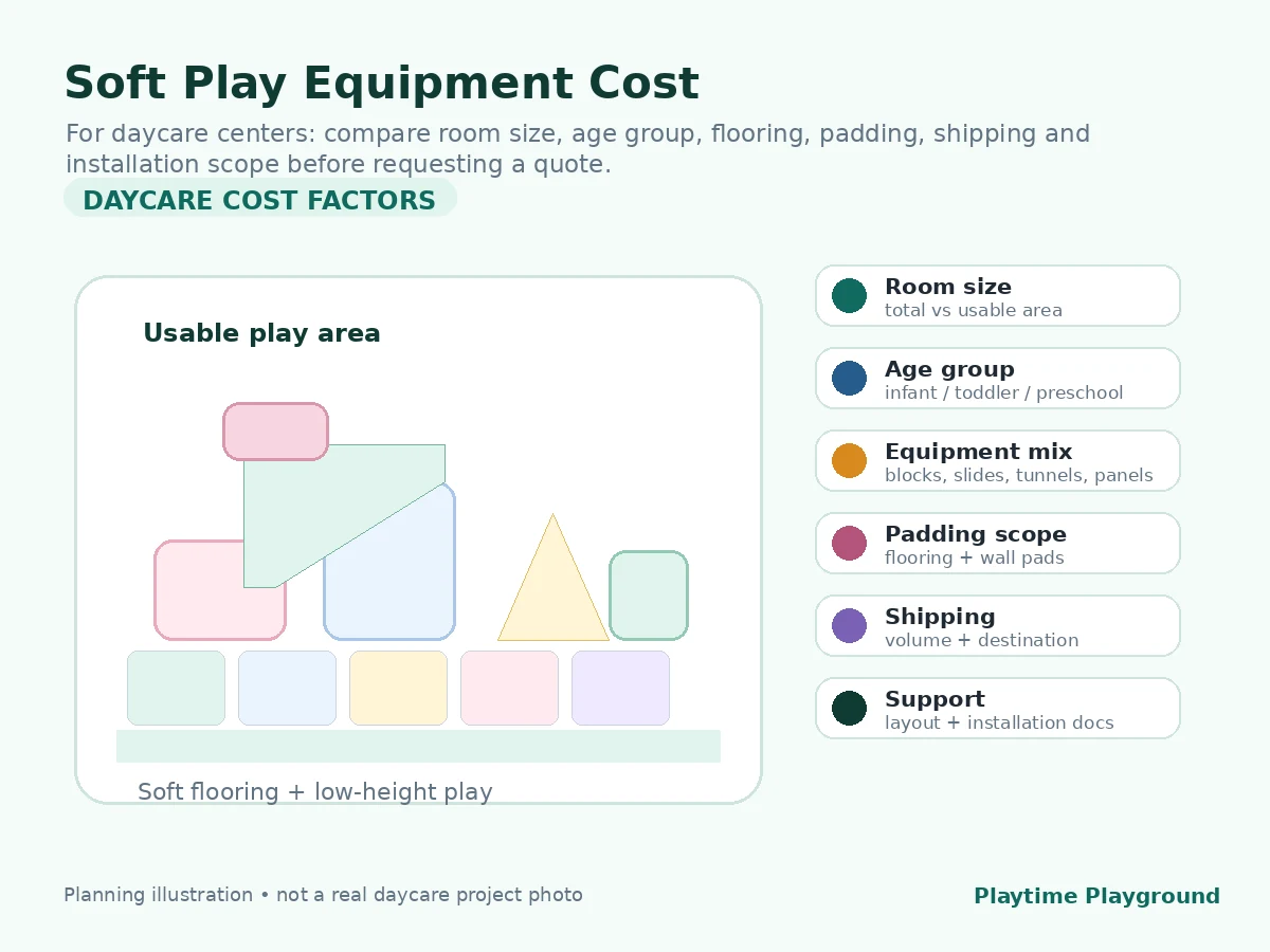 Daycare soft play equipment cost planning for room layout, age group, flooring, padding, freight and installation