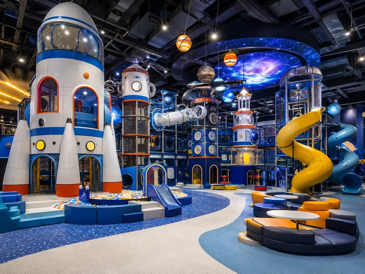 Space galaxy themed commercial indoor playground with rocket structure, slides, tunnels and interactive play zones