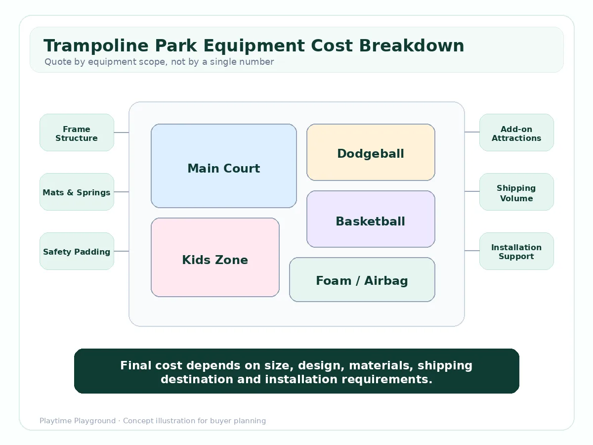 Trampoline park equipment cost breakdown with main court, padding, add-on attractions, shipping and installation factors
